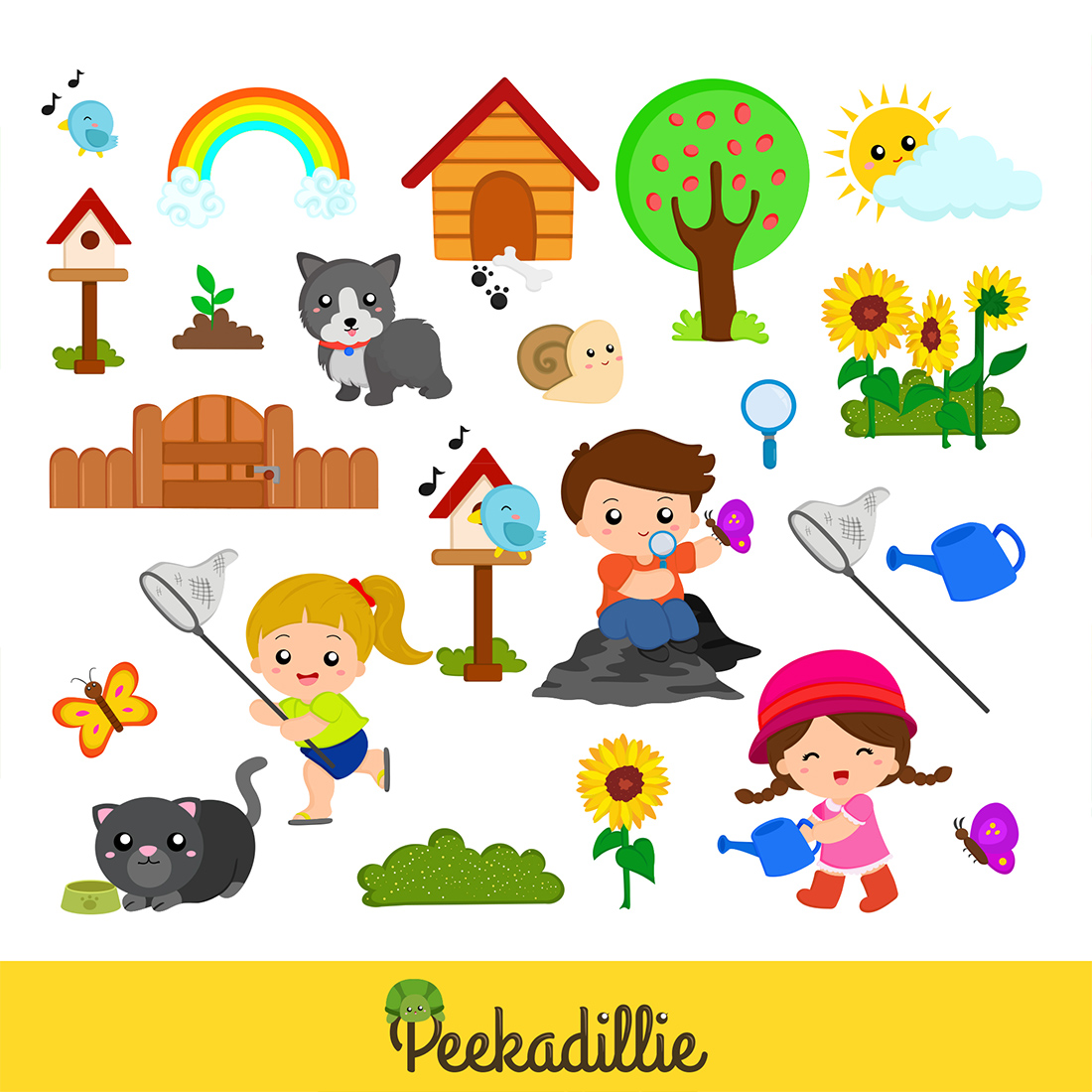 Kids Playing at Outdoor Garden on Holiday Summer with Animals Illustration Vector Clipart Cartoon preview image.