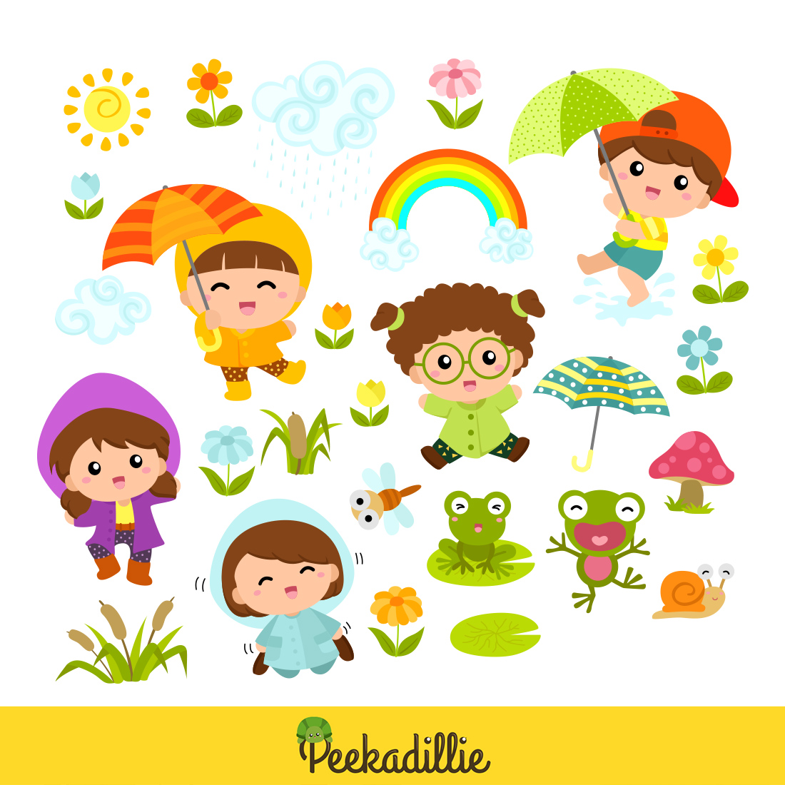 Happy Kids Playing With Rain in The Garden with Animals Illustration Vector Clipart preview image.