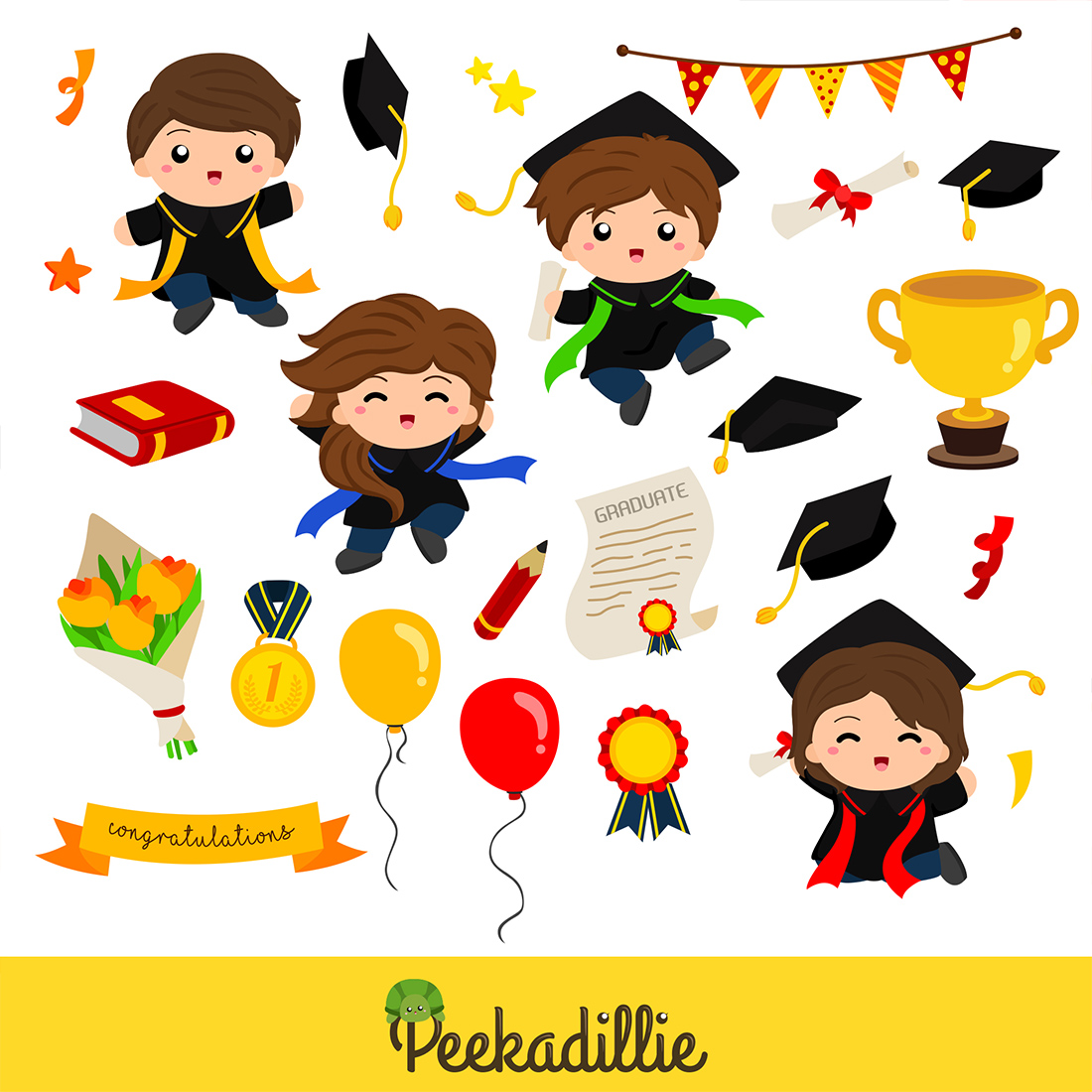 Happy Student Kids Celebration Graduation School Illustration Vector Clipart Cartoon preview image.