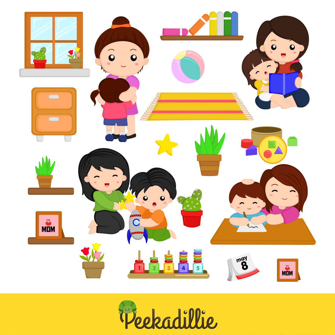 Beautiful Mother's Day Celebrate Love Kids Boy and Girl at Home Illustration Vector Clipart Cartoon preview image.