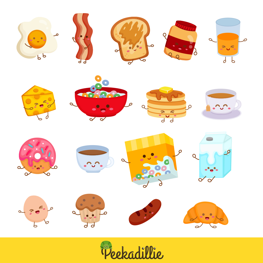Delicious Breakfast Food and Drink Cereal Bacon Sunny Side Egg Cheese Sausage Doughnut Bread Toast Jam Tea Coffee Illustration Vector Clipart Cartoon preview image.