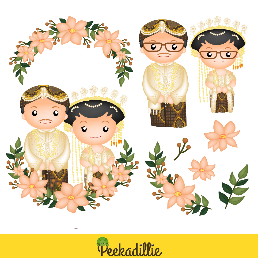 Indonesian Javanese Couple Wedding Groom and Bride Illustration Vector Clipart Cartoon preview image.