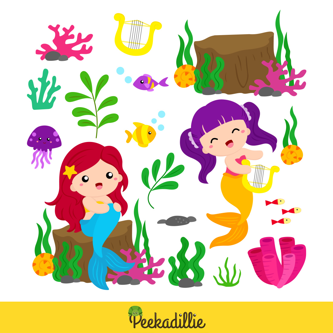 Colorful Little Mermaid with Sea Animals Illustration Vector Clipart Cartoon preview image.