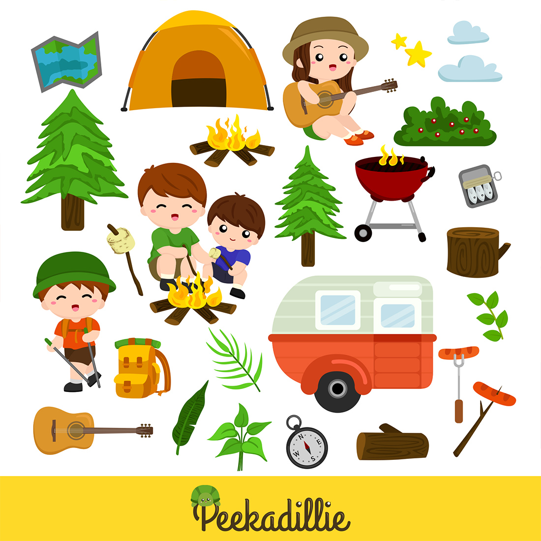 Happy Kids Doing Nature Fun Outdoor Camping Activity on Holiday Illustration Vector Clipart preview image.