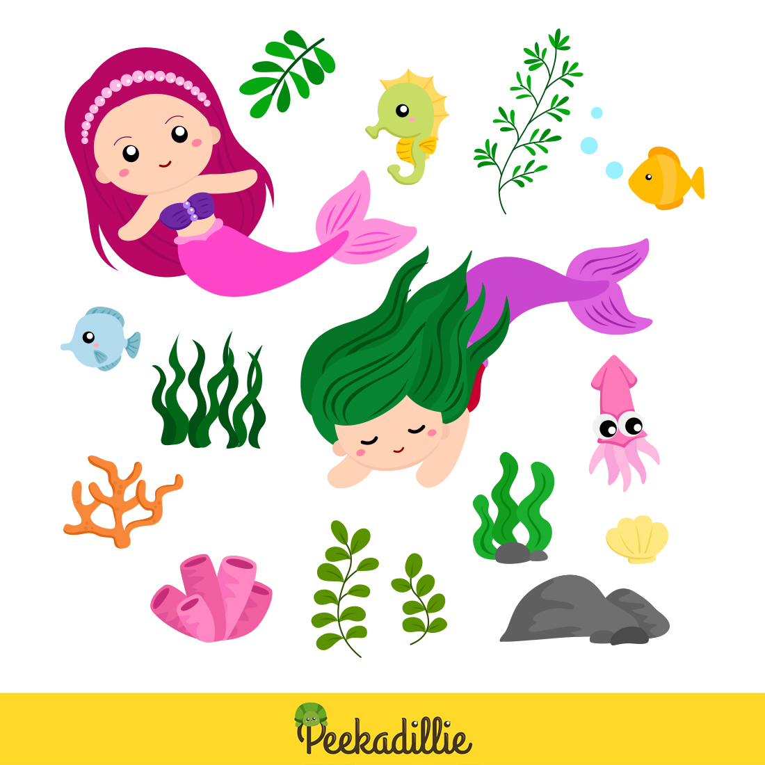 Pink Swimming Mermaid Cute Girl and Sea Animals Illustration Vector Clipart Cartoon preview image.