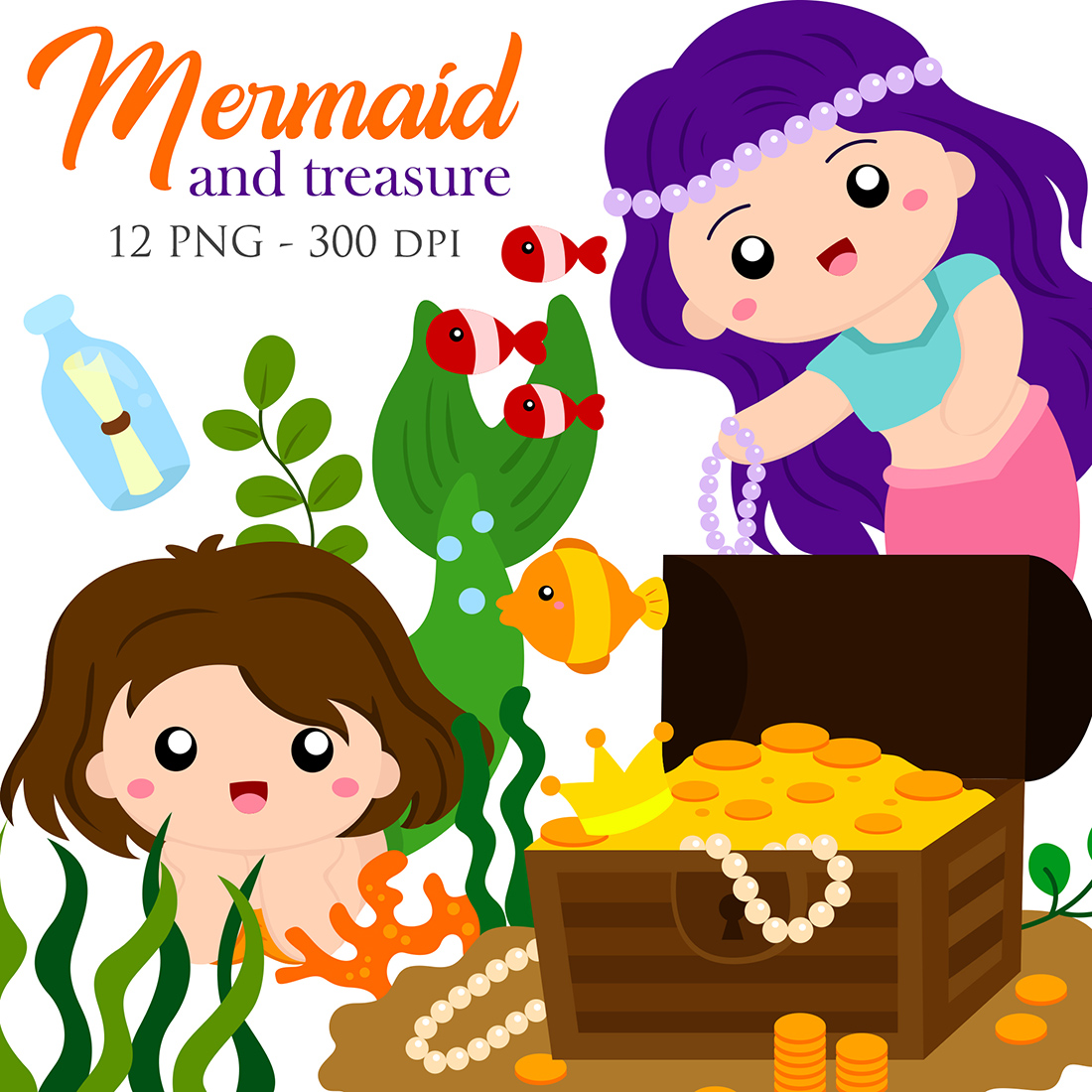 Beautiful Colorful Little Mermaid and Sea Treasure Background Illustration Vector Clipart Cartoon cover image.