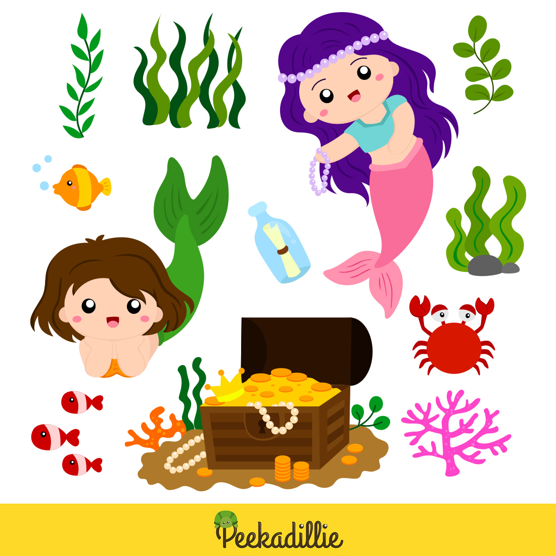 Beautiful Colorful Little Mermaid and Sea Treasure Background Illustration Vector Clipart Cartoon preview image.