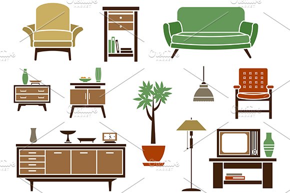 Flat interior and furniture icons cover image.