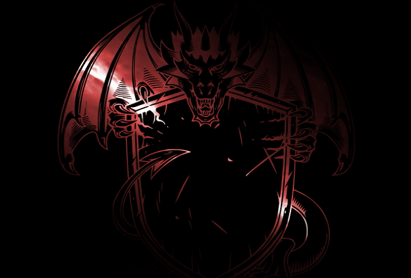 Red and black picture of a demon holding a sword.