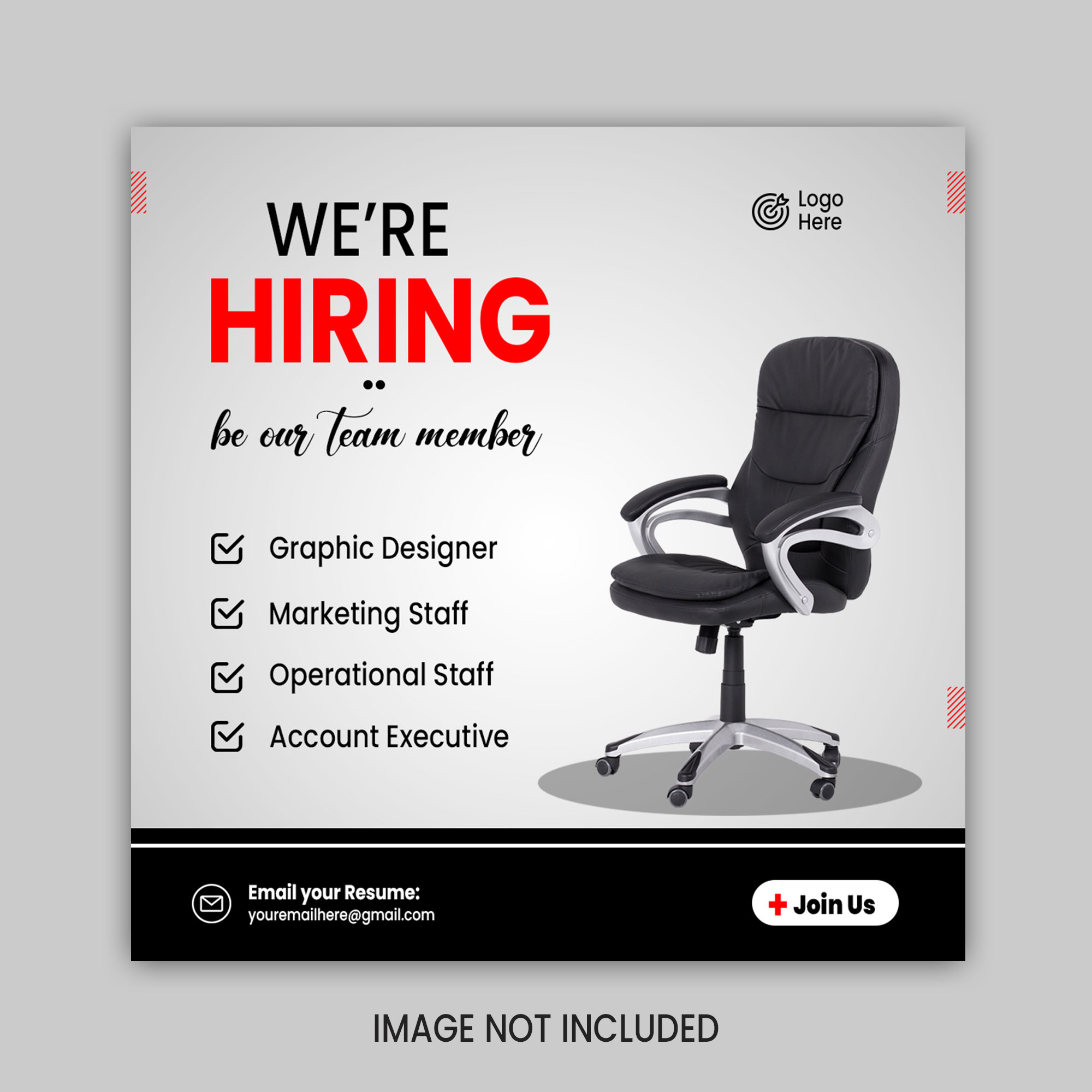 We are hiring poster job vacancy square banner or social media post template cover image.