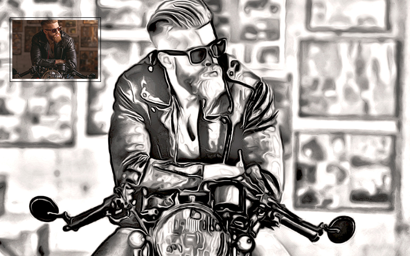 Drawing of a man riding a motorcycle.