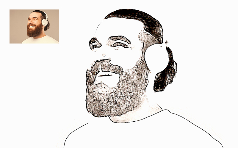 Drawing of a man with a beard and headphones.