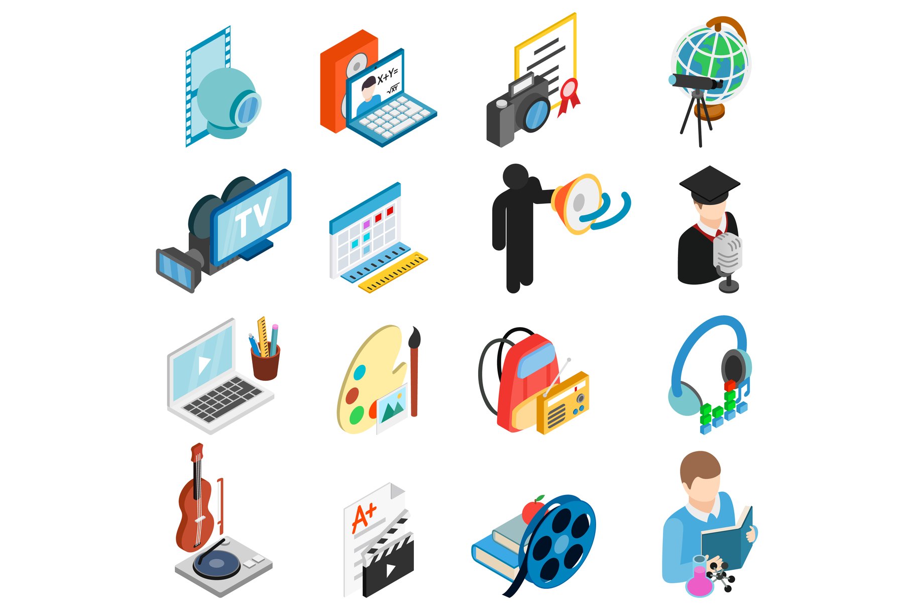 Cinema training icons set, isometric cover image.