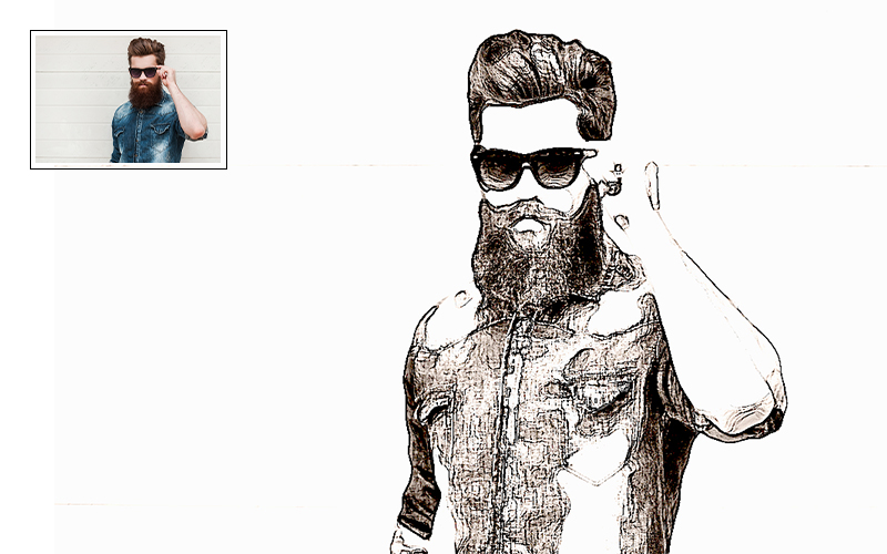 Drawing of a man with a beard and sunglasses.