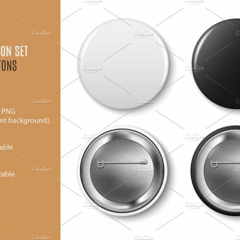 Pin buttons. Vector black, white set cover image.