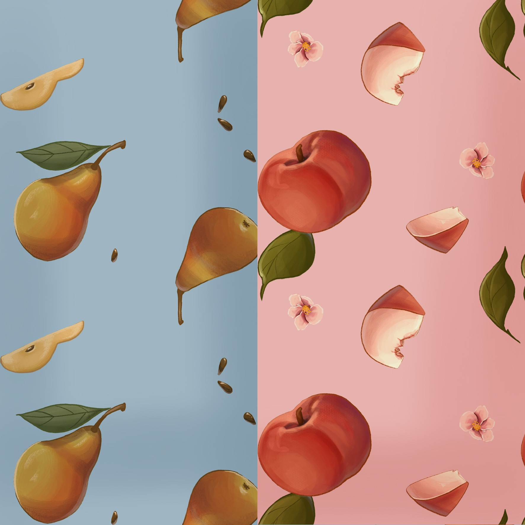 Seamless pattern with fruits (peach and pear) preview image.