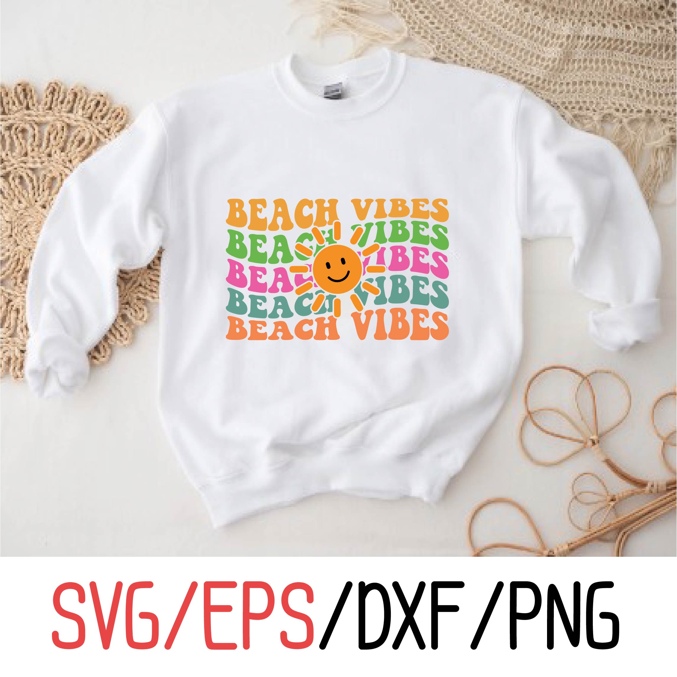 White sweatshirt with the words beach vibes beach vibes and a smiley face.