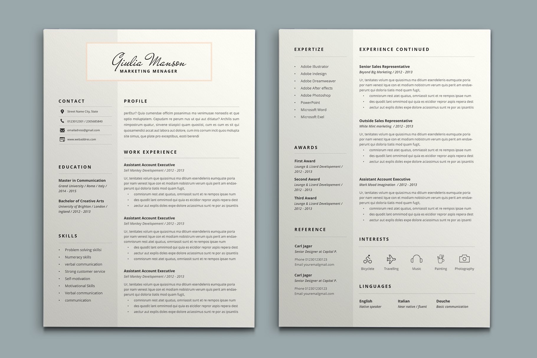 Two white resume templates on a gray background.