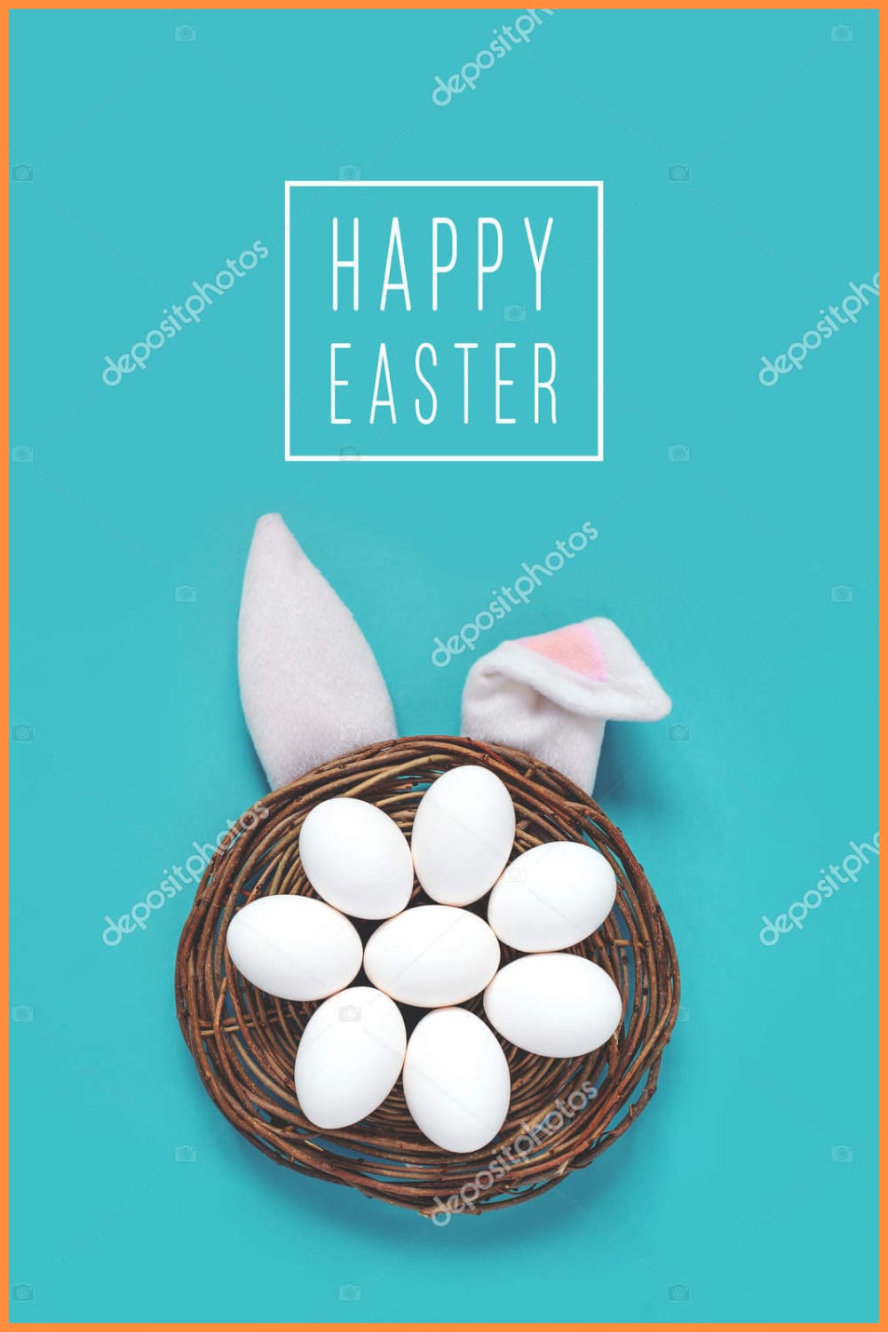 Flat lay composition of creative Easter bunny ears on blue background, space for text.