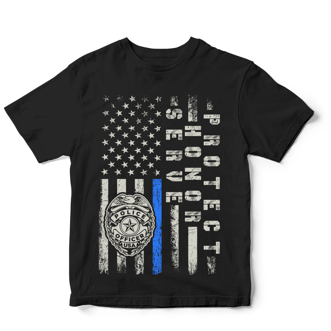 Black shirt with an american flag and a police badge.
