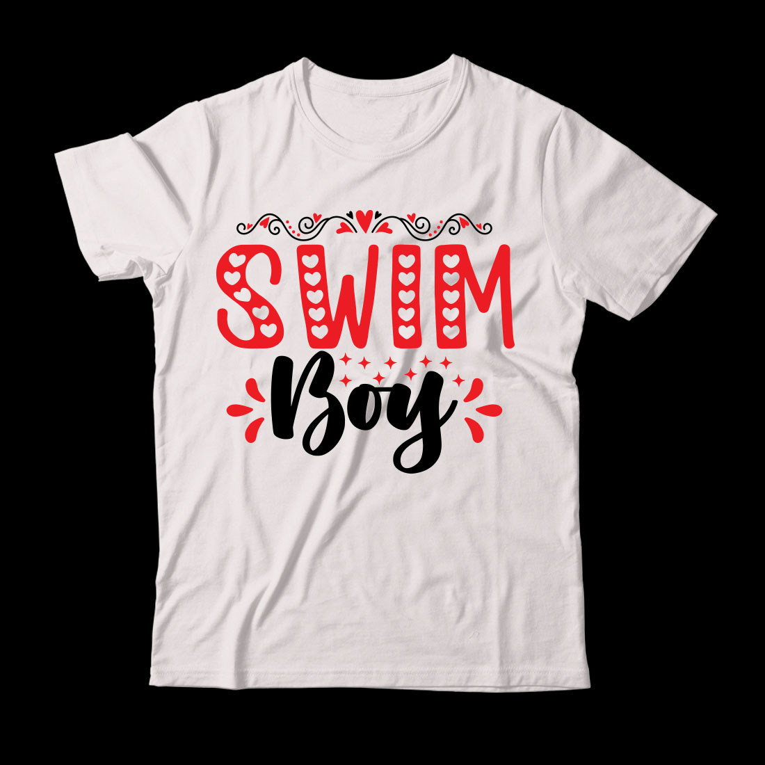 White shirt that says swim boy.