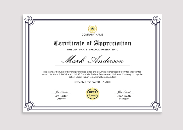 Certificate of appreciation with a blue border.