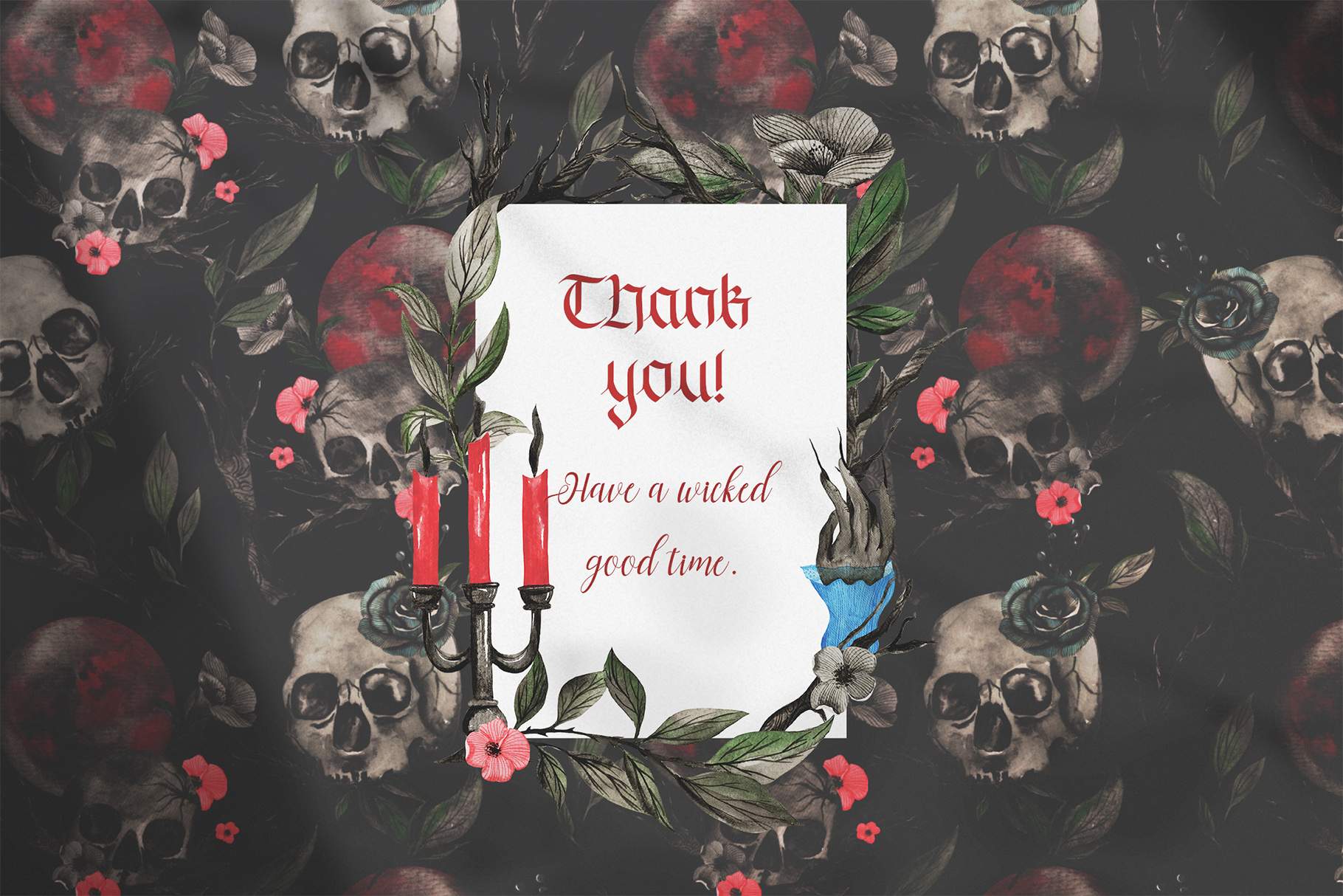 Thank you card with skulls and flowers.