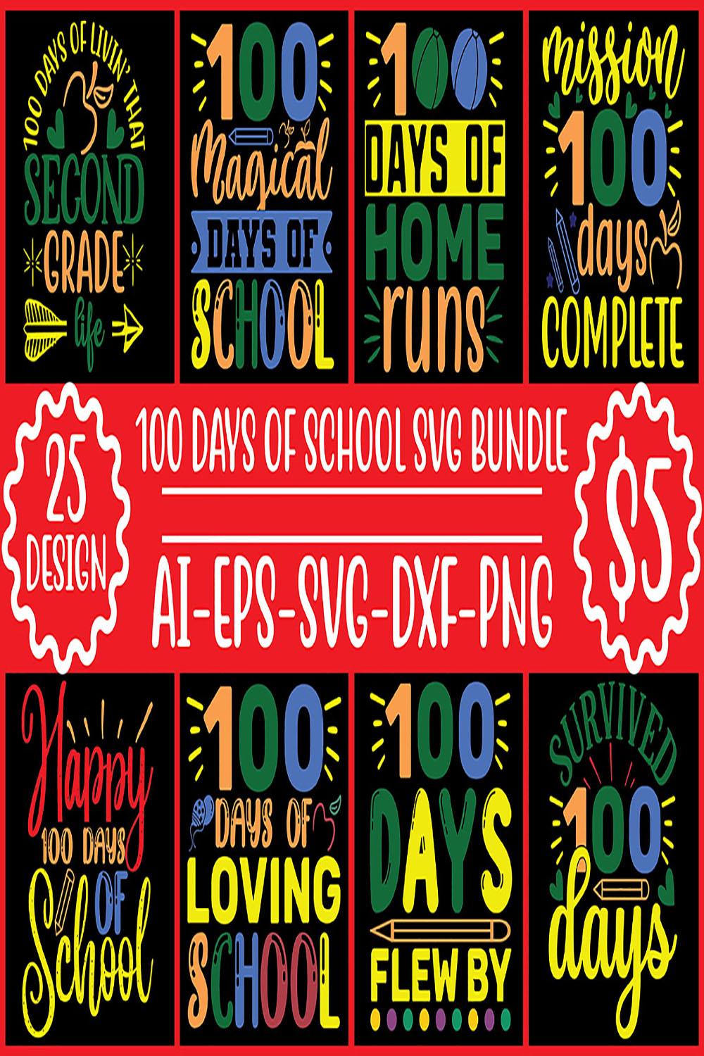 100 day's of school SVG Design Vector Template pinterest preview image.