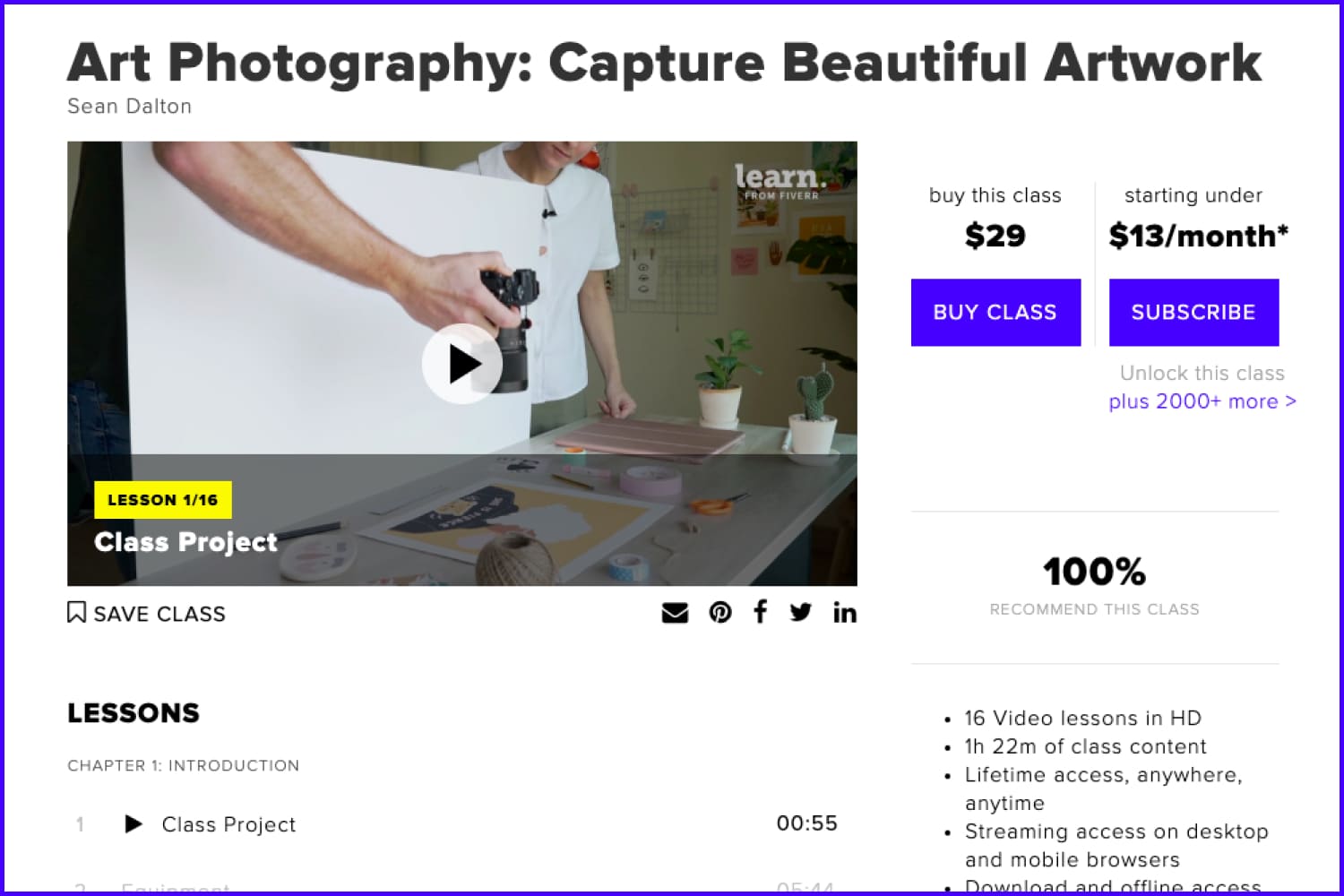 Screenshot of the main page of the course Art Photography website.