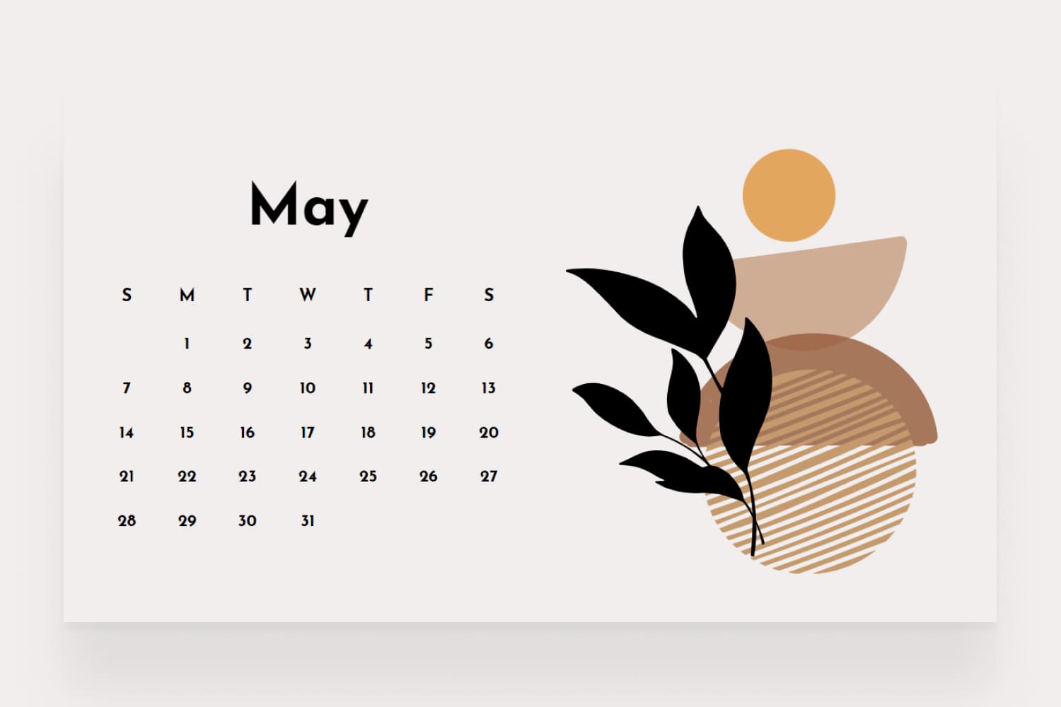 May calendar with a beige color scheme, decorative illustrations of flowers, plants, and simple typography.