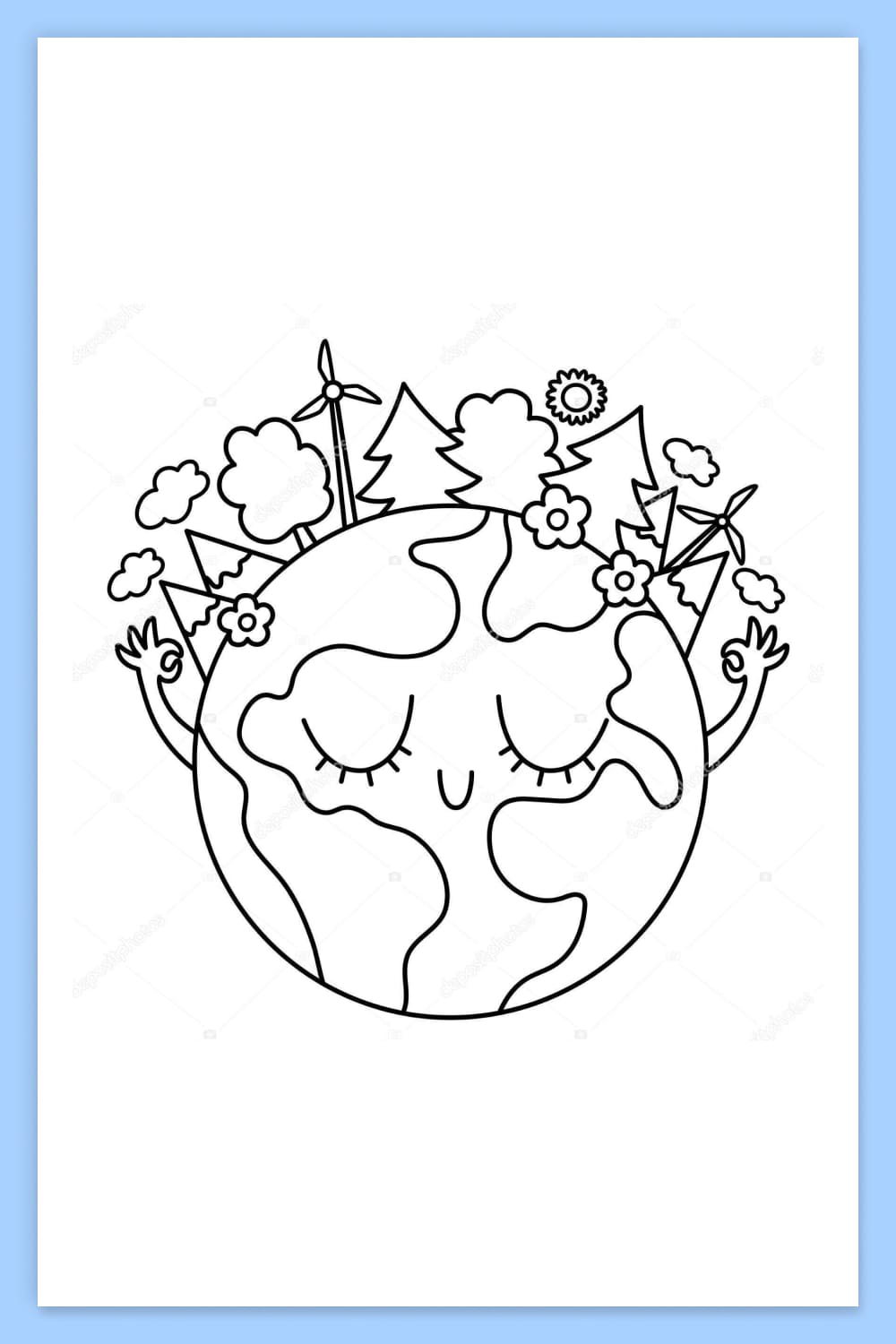 Schematic representation of the planet Earth with hands, forest and mountains on it.