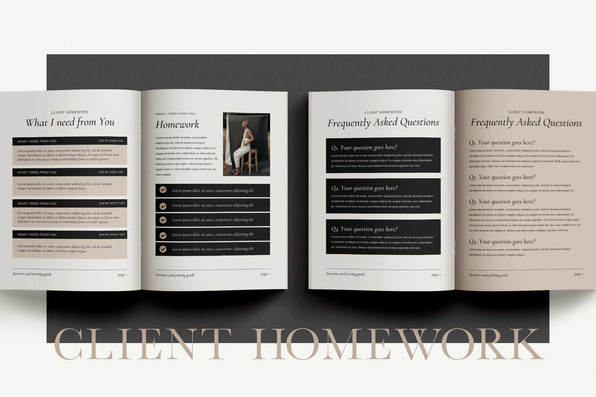 12 elegant black and beige services and pricing guide magazine client brochure editable canva template 70