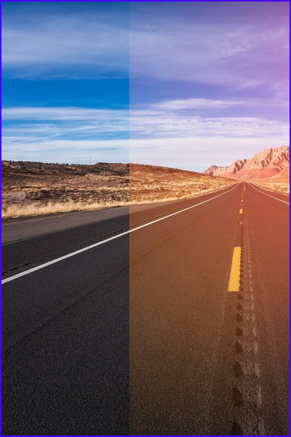 Photo of a road in two parts in different color shades.