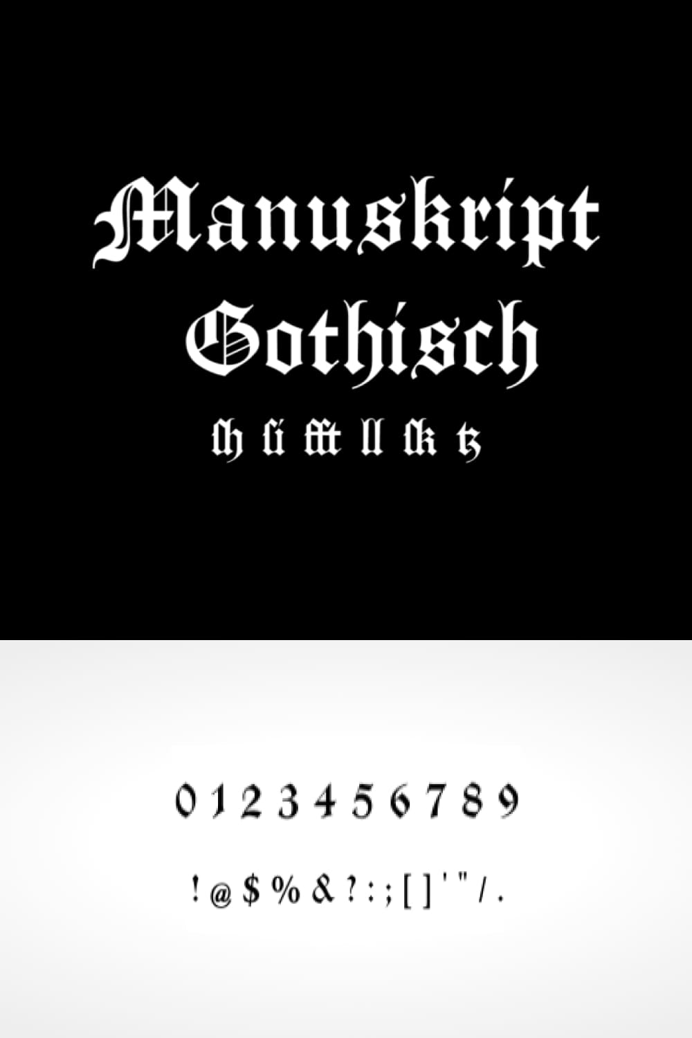 An example of a Manuskript Gothisch Font in white on a black background.