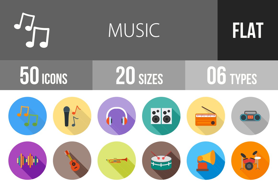 50 Music Flat Shadowed Icons cover image.
