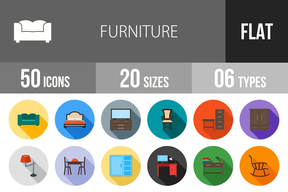 50 Furniture Flat Shadowed Icons cover image.