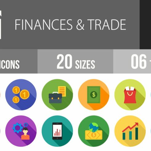 50 Finance Trade Flat Shadowed Icons cover image.
