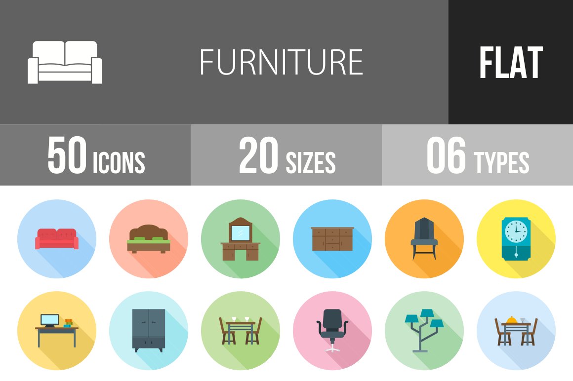 50 Furniture Flat Long Icons cover image.