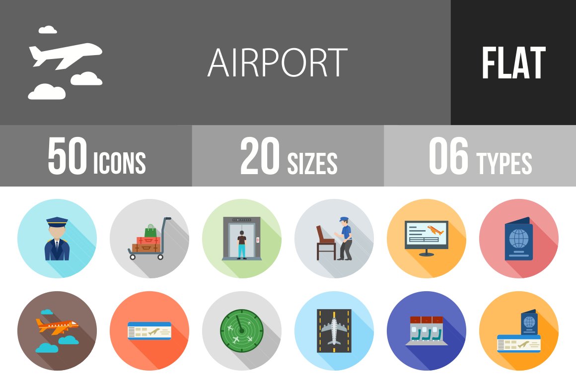 50 Airport Flat Shadowed Icons cover image.