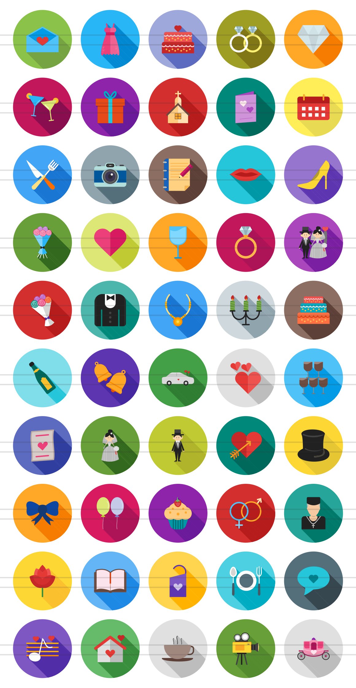 50 Wedding Flat Shadowed Icons preview image.