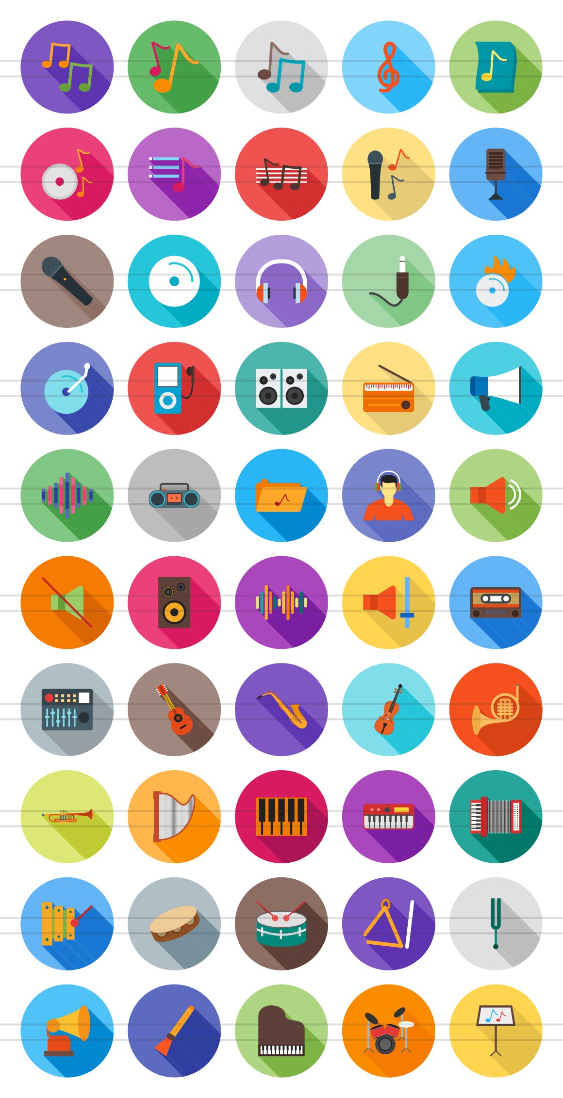 50 Music Flat Shadowed Icons preview image.