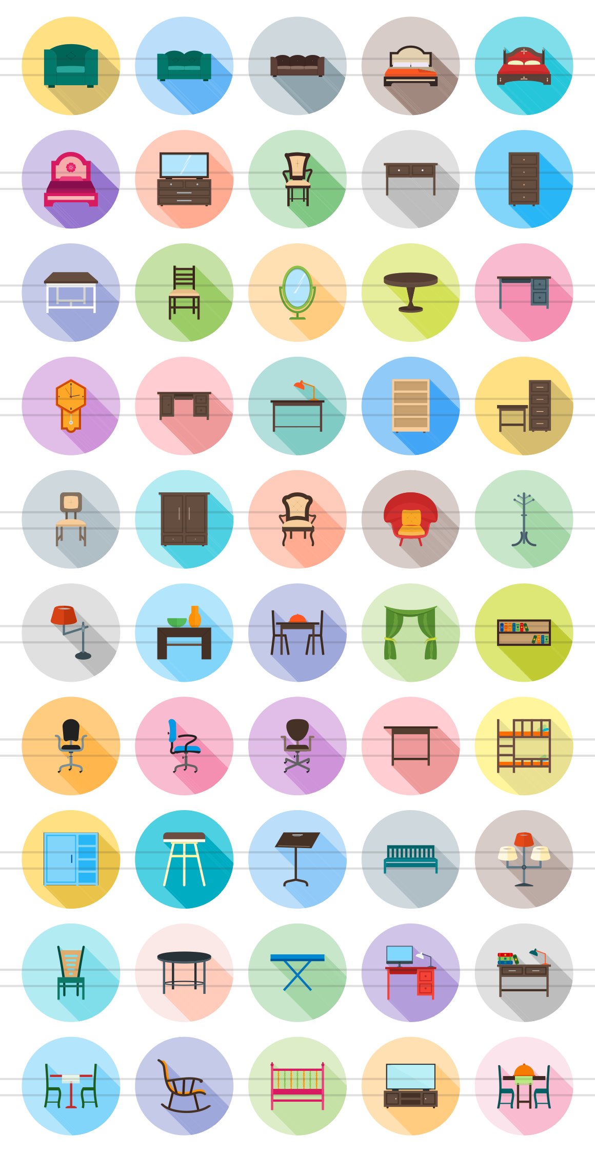 50 Furniture Flat Shadowed Icons preview image.