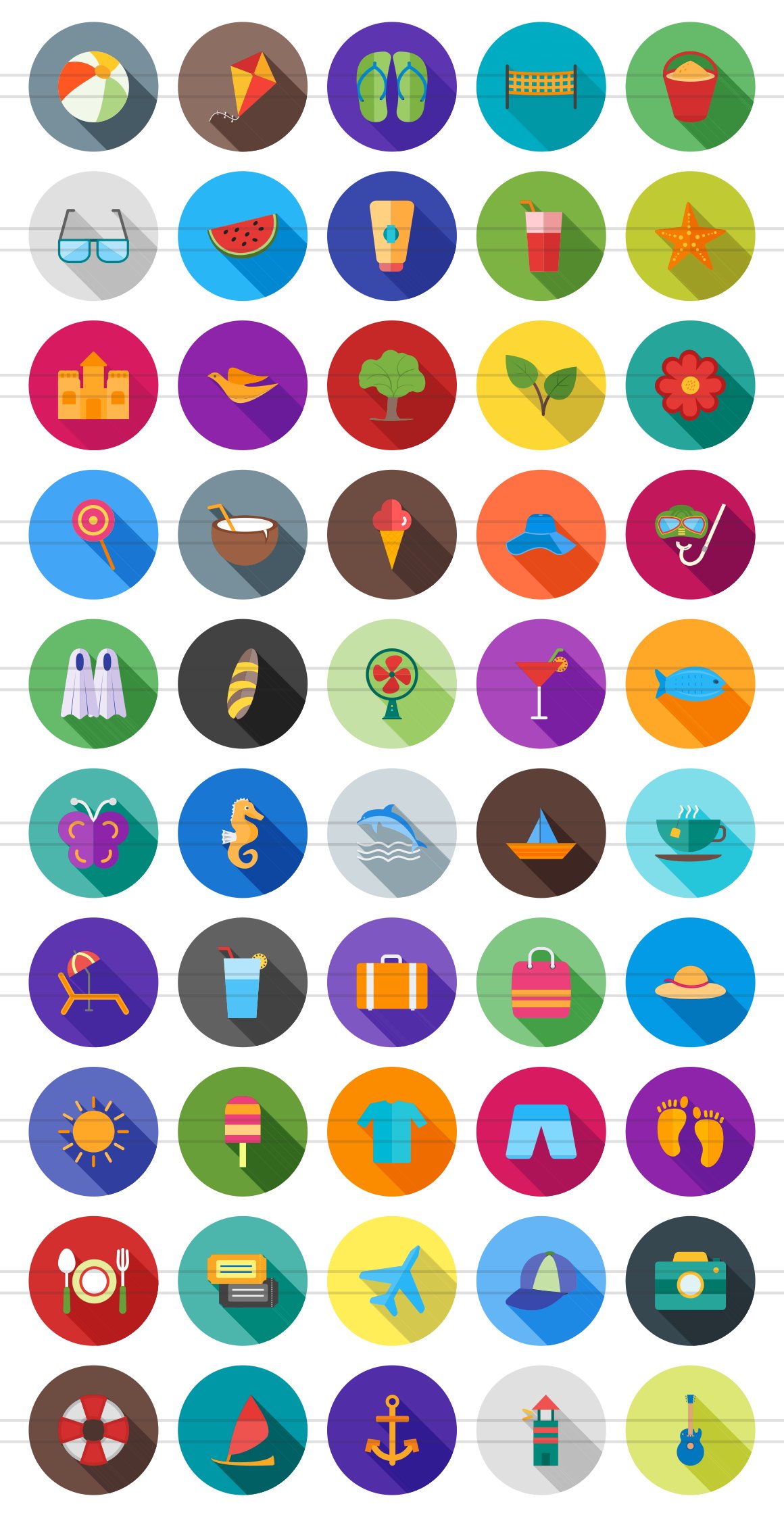 50 Summer Flat Shadowed Icons preview image.