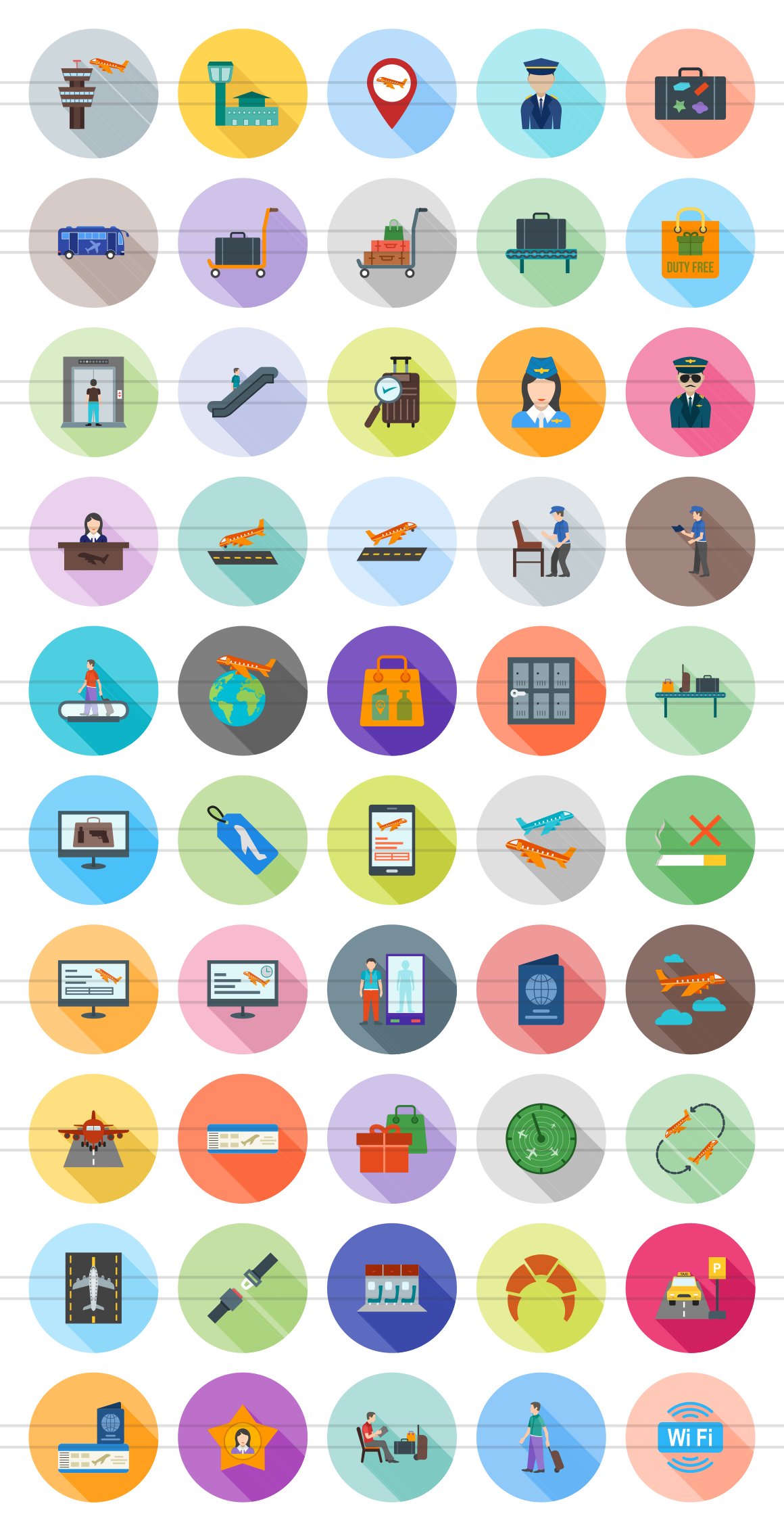 50 Airport Flat Shadowed Icons preview image.