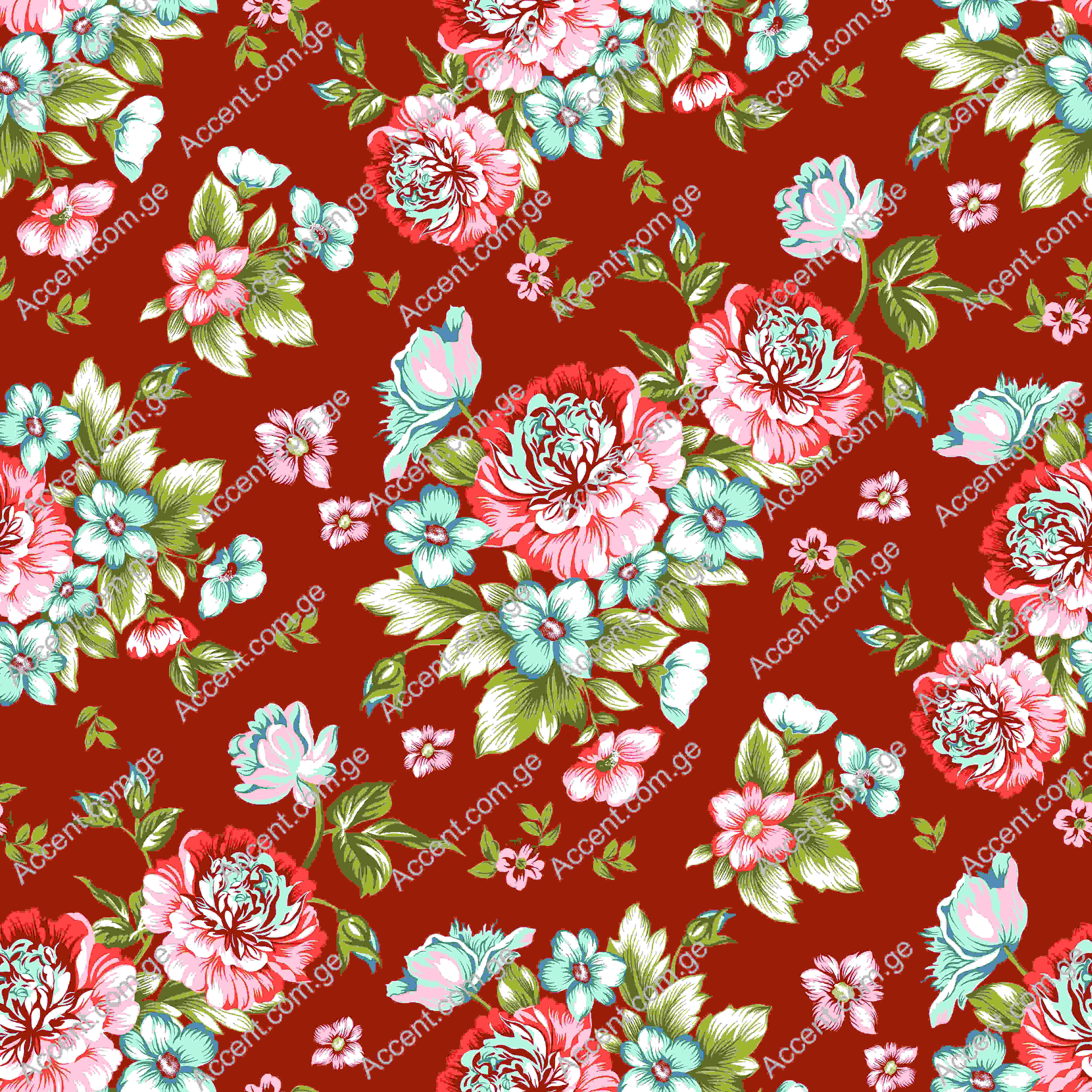 Red background with pink and blue flowers.