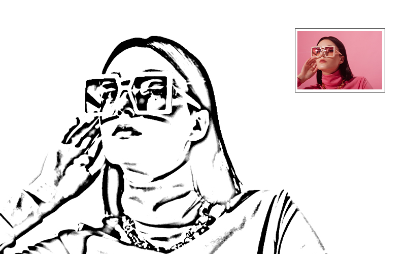 Black and white drawing of a woman wearing glasses.