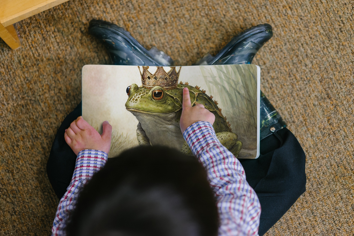 Young boy sitting on the floor looking at a picture of a frog.