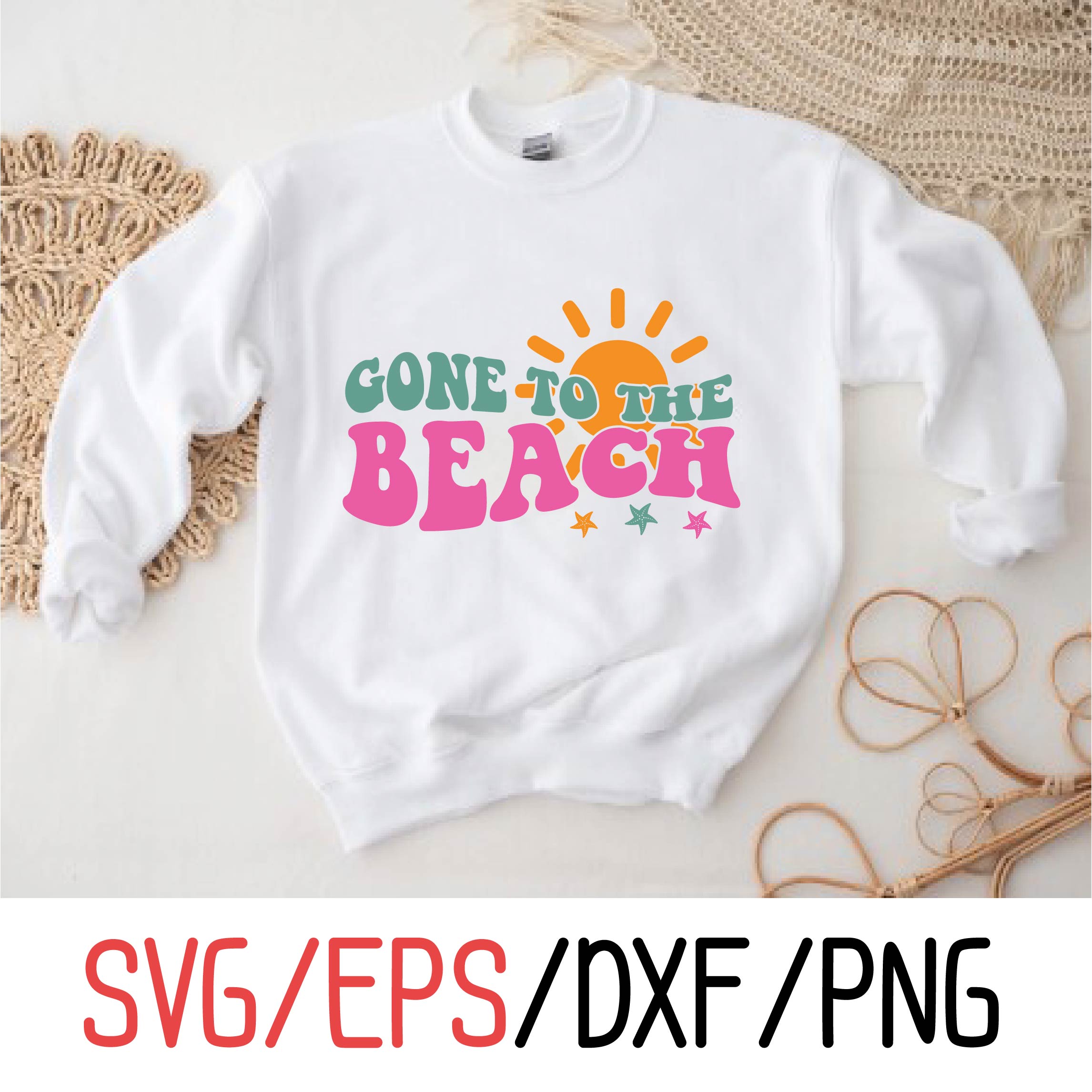 White sweatshirt with the words gone to the beach on it.