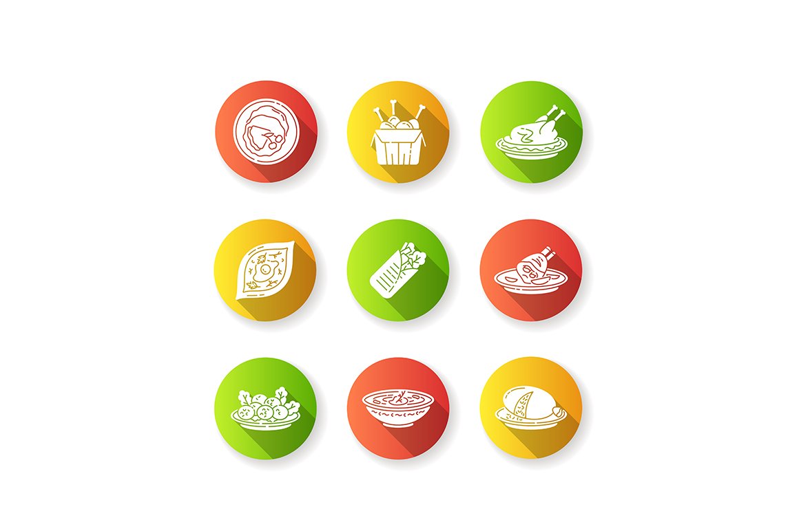 Cafe meals flat glyph icons set cover image.