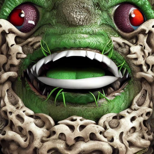 Close up of a green monster with red eyes.